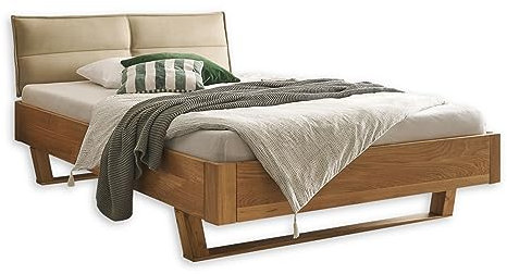TJARK Modernes Massivholzbett 140x200, Eiche - Komfortables & hochwertiges Balkenbett mit gepolstertem Kopfteil - 146 x 89 x 219 cm (B/H/T)