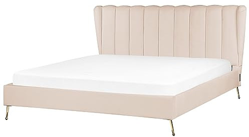 Beliani Polsterbett Samtstoff beige mit USB-Anschluss goldene Beine 180x200 cm MIRIBEL