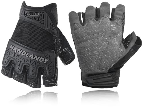 HANDLANDY Fingerless Work Gloves, Men Women Padded Half Finger Framer Mechanic Construction Carpentry Working Gloves (Black, L)