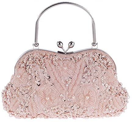 Rockreyoa Damen Clutch Abendtasche mit Perlen Vintage Floral Handtasche Luxury Schultertasche Klein Tasche Pailletten Brauttasche für Hochzeit Geburtstag Bankett Abschlussball Party Gold