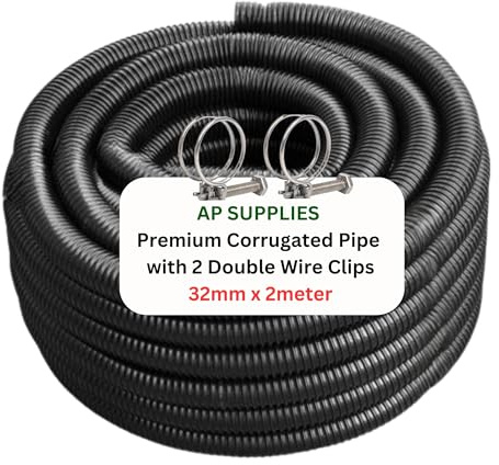 32mm x 2meter Flexible Pond Hose Corrugated Pipe with 2 Clips - Double-Wired Hose Clips for Pond Pumps, Filters, Drainage – Corrugated Water Butt Connector Pipe - Black