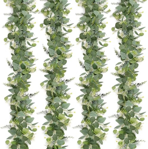 DEMIUKO 4 Stück Eukalyptus Girlande mit Künstliche Blumen, Schleierkraut, Silberdollar Blätter - Grün Hängepflanzen Reben Dekogirlande für Zuhause, Hochzeit, Zeremonie, Tisch Läufer Deko