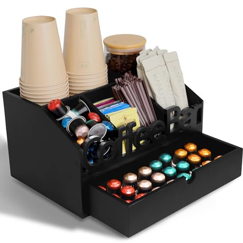 ADDFIT HOUSE Coffee Bar Organizer for Countertop - Wooden Coffee Organizer Condiment Station, Coffee Station Organizer for Home & Office, K Cup Stand for Counter, Tea Box - Black Drawer Type