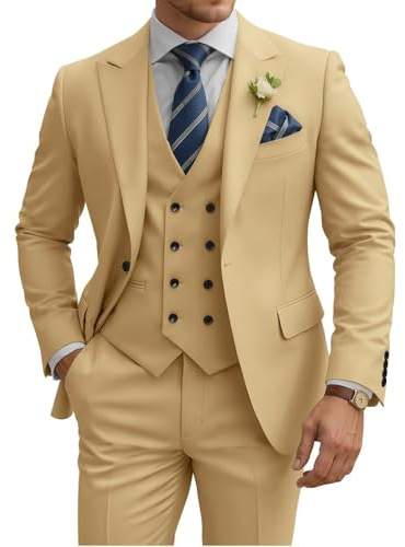 TIJOFA - Completo da Uomo a 3 Pezzi, Slim Fit, Giacca Doppio Petto, Perfetto per Matrimoni. Tuxedo Classico con Un Bottone, Ideale per Eventi Formali, Prom e cene Eleganti., Champagne, M