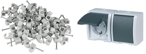 REV Expressschellen, 200 St. Nagelschellen -Kabelschellen, 7-11mm, grau & AquaForm, Doppelsteckdose-Feuchtraumsteckdose, IP44, einpolig, Aufputz, grau