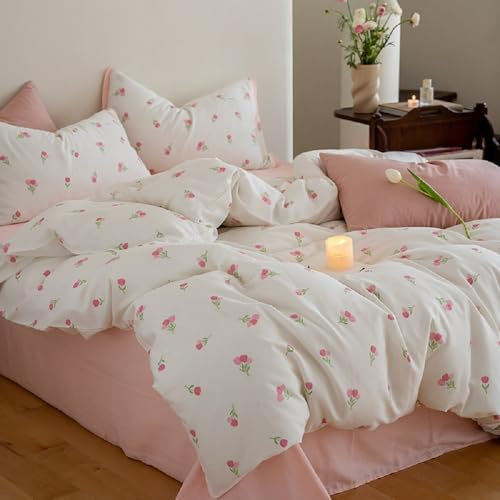 Lanqinglv Double Duvet Cover Set Floral White Pink Tulips Flowers Bedding Modern Comforter Cover 200x200 cm with Zipper Closure and 2 Pillowcases 50x75 cm