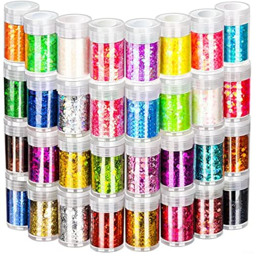Uwithdanceme Feiner Glitzer, 32 Farben, holografisches Glitzerpulver für Trinkgläser, Kunst- und Bastelglitzer, schillernder Glitzer für Epoxidharz. Eigenschaften: