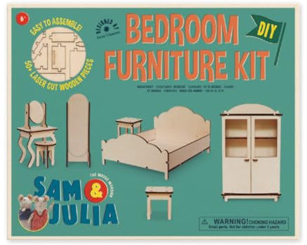 Sam & Julia - Bausatz Schlafzimmer – Puppen-Möbel 1/12 für Puppenhaus oder Puppenstube zum selber basteln – Bastel-Set mit: Bett, Kleiderschrank, Spiegel, Schminktisch, Beistelltische