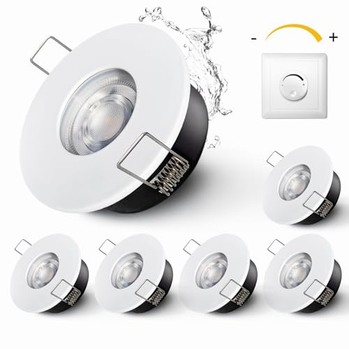 Sweier Einbaustrahler LED Spots 230v Dimmbar IP65, 5W Einbauleuchten für 68-75mm Lochmass, 6er Set Deckenspots für Badezimmer Feuchtraum, GU10 Einbauspots Warmweiß 3000K