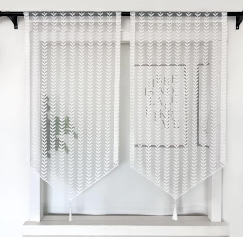 Daliena Panneaux Scheibengardine Kurz Bistrogardine mit Stickerei Kurzstores Gardinen Spitze Küchengardine Modern Fenstergardinen mit Tunnelzug (BxH 60x90cm) Weiß 1 stück