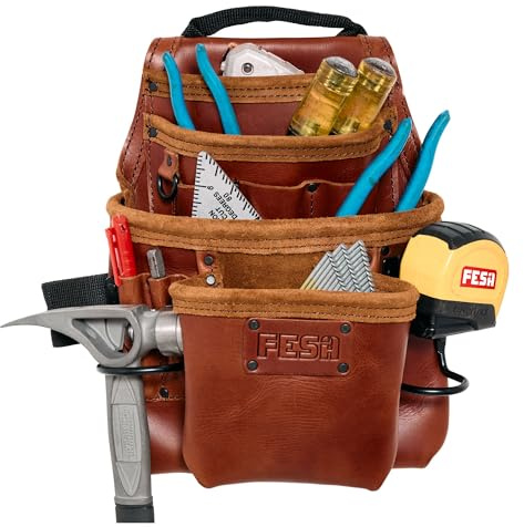 FESA Werkzeugtasche aus Leder, 10 Taschen, schweres Vollnarbenleder, Werkzeuggürteltasche mit 2 Hammerschlaufen, Bandclip, großen und kleinen Taschen, passend für Herren-Arbeitsgürtel bis 7,6 cm