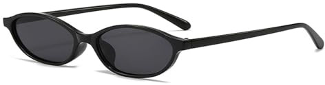 LunarCharm Oval Sunglasses for Women, Retro, Cat Eye, 90s, Y2K, Trendy Thin Sunglasses, UV Protection for Women, Black Frame + Black Lens