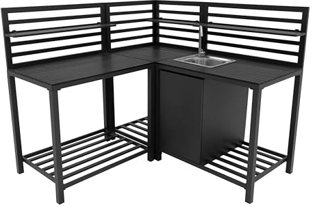 3-teiliges Outdoor-Küchenset mit modularer Konfiguration, Eckspüle & Tischmodul, Aluminium in Anthrazitgrau, Edelstahlspüle mit Kaltwasserhahn, Regalen, Schrank und Vorbereitungsbereich im Freien