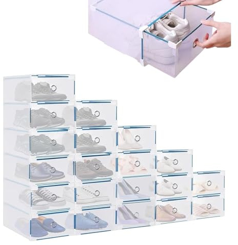 Schuhboxen transparent – Stapelbare Schuhschachteln mit Schubladen | Platzsparende Schuhaufbewahrung (28x18x10cm) | Für Sneaker, High Heels & Stiefel | DIY-Kleiderschrank-Organisation (20pcs)