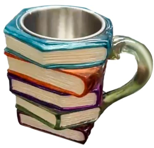 Tewzafiya Taza de libro decorada | Tazas originales de bebida – Contenedor para bebidas de resina apto para té, café, cerveza, vino y zumo, con diseño a pila de libros