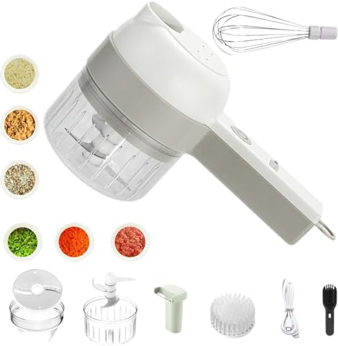 Coupe-pain électrique 4 en 1 sans fil, hachoir à légumes portable pour ail, oignon, viande, fruits, mini trancheuse et batteur à œufs, gadget de cuisine multifonctionnel (Blanc)