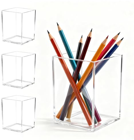 Piggyma 4 Pack Square Acrylic Pen pot - Transparent Pencil Cup, Clear Makeup Brush Storage Pot, Pencil Organizer for School Supplies, Home Vanity, Office Desk