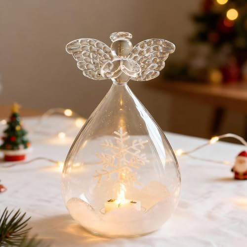 Weihnachtsengel mit LED Kerzen, Engel Figur mit Diamanten, Weihnachtsfiguren aus Glas für stimmungsvolle Weihnachtsdekoration innen (A)