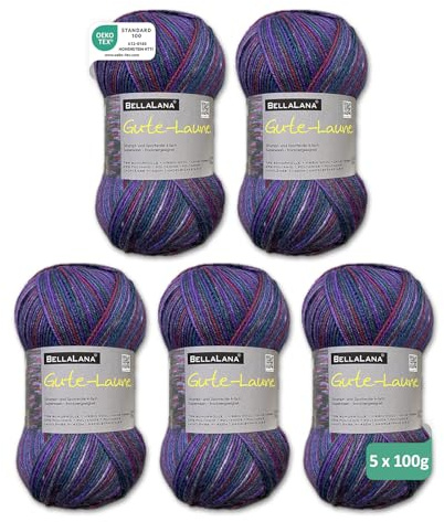 BellaLana Sockenwolle Gute-Laune - 4-Fädiges Sockengarn zum Stricken & Häkeln - Farbverlaufswolle - 75% Schurwolle, 25% Polyamid - Lauflänge 420m/100g - Nadelstärke 2,5-3, 5 x 100g - Blau-Beere