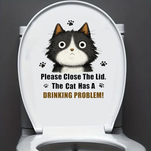 Funny Close The Lid Decal Bathroom Toilet Seat Vinyl Sticker The Dog Has Drinking Problems Sign Reminder Humor Decor Waterproof Stickers for Toilet Bathroom Washroom (Black Cat)