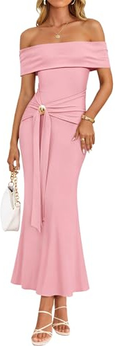 ZESICA Womens Summer Off The Shoulder Bodycon Maxi Dress 2026 Elegant Wedding Guest Formal Cocktail Party Long Dresses,Pink,Small