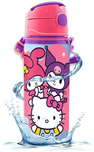 Hello Kitty Kids Water Bottle 600ml – Aluminium Leak Proof Girls Drinking Bottle with Straw & Carry Strap, BPA Free Metal Water Bottle for School, Sports & Travel, Xmas Gift for Girls 3+ Years