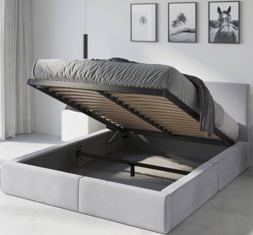 Interbeds stoppade säng Hilton 120x200, sängram med ribbotten, med förvaring, utan madrass, utan ben, modern dubbelsäng, stoppad sängram, med sänglåda, sovrumssäng (Askgrå, 120x200)