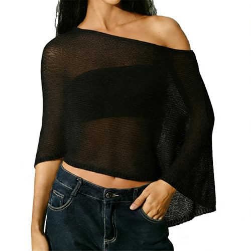 ZUIMEIHQH Sheer Poncho for Women, Poncho Asymmetric Tops Trendy Lightweight Summer One Shoulder Loose Boho Beach Vacation Cape Top Crop