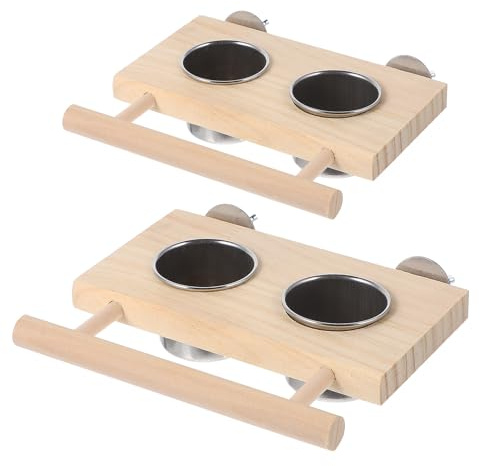 Gatuida Set 2 Pezzi Ciotole in Acciaio Inox per Pappagalli con Supporto in Legno, Ciotole per Cibo e Acqua per Uccelli Domestici, Accessori per Gabbia Resistente e Facili da Pulire