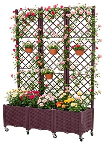 SCGSJZH Jardinera 3 Piezas con Enrejado, 120x40x193cm, Macetero Alto de PP Resistente con Ruedas Bloqueables y Agujeros de Drenaje, para Plantas Trepadoras en Balcón, Terraza o Jardín, Marrón