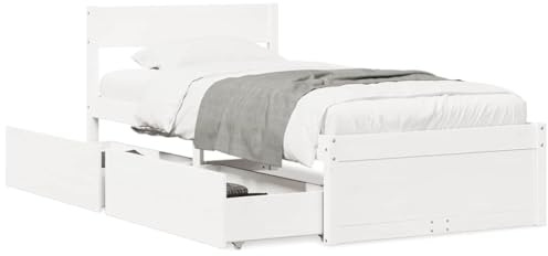 XHNIFBN Massivholzbett Kiefer weiß 90x200 cm mit 2 Bettschubladen Modernes Bettgestell Kopfteil Stauraum Schubladen für Jugendzimmer Gästezimmer Schlafzimmer