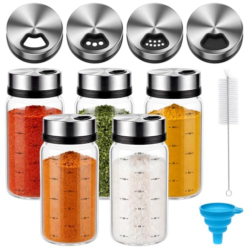 Ferenando Lot de 5 Pots à Épices en Verre avec Couvercle Rotatif 200ml | Pot a Epices Borosilicate, Bocaux à Épices Hermétiques avec 4 Types d'Ouvertures, Bocaux Epices Verre pour Cuisine, Barbecue
