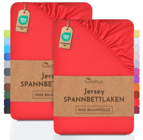 NatureMark 2er Pack Jersey Spannbettlaken, Spannbetttuch 100% Baumwolle in vielen Größen und Farben MARKENQUALITÄT ÖKOTEX Standard 100 | 90 x 200 cm - 100 x 200 cm - rot