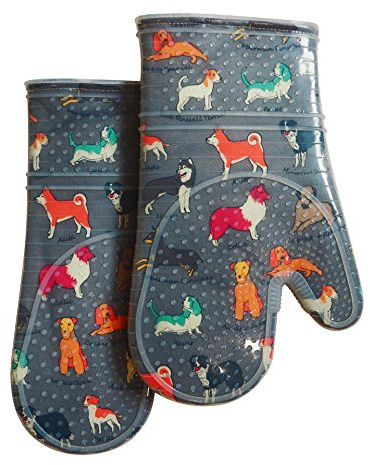 Oven Mitts Set of 2 with Transparent Clear Silicone Shell and Nice Dog Printing Cotton Lining, Heat Resistant to 500 F Kitchen Oven Gloves Pot Holder for Cooking (Gray)