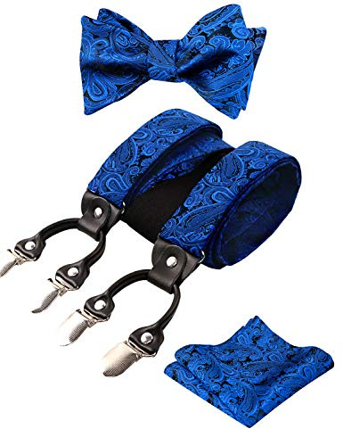 Alizeal Herren verstellbare Blumen Paisley selbst gebundene Fliege, Einstecktuch und elastische Y-Form 6 Clips Hosenträger Set