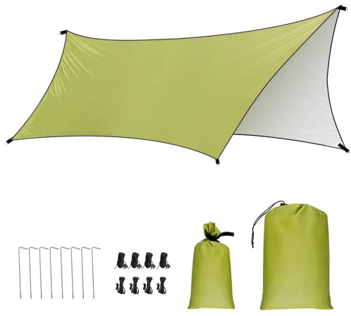 Tenda Parasole da Campeggio, GROOFOO 3x4.45M Telone da Campeggio Portatile Impermeabile Protezione dai Raggi UV Tenda da Sole Riparo Antipioggia per Picnic Spiaggia Amaca All'aperto(Braccio verde)