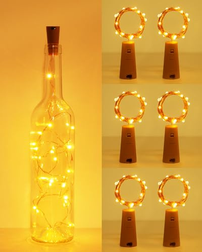 kolpop 6 Stück Flaschenlicht Batterie, 2m 20 LED Glas Korken Licht Kupferdraht Lichterkette für Flasche für Party Garten Weihnachten Halloween Hochzeit (Warmweiß)