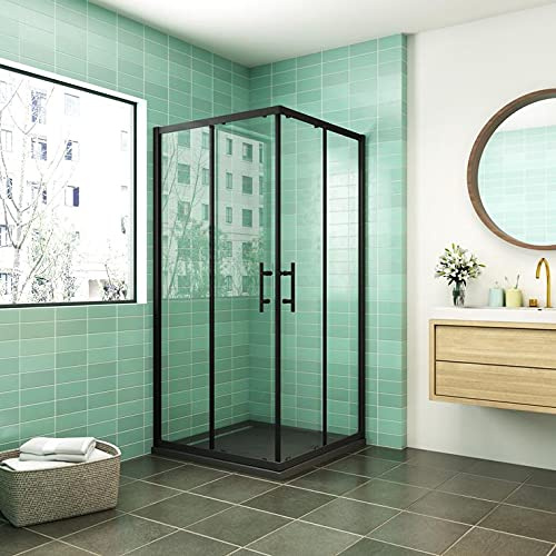 AICA SANITARIOS 80x70cm CABINA DE DUCHA DE ESQUINA CORREDERA ANTICAL 6MM CON PERFILERIA NEGRA MATE ALTURA DE 190 CM,ENTRADA ESQUINA