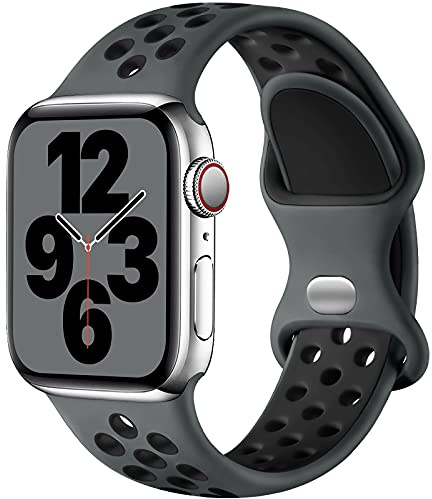 Upeak Sport Bracelet Compatible avec Bracelet Apple Watch 44mm 45mm 46mm 42mm 49mm, Sangle à Boucle Double Trou en Silicone Respirant, pour iWatch Series 10 9 8 7 6 5 4 3 2 1 SE Ultra, S, Charbon/Noir