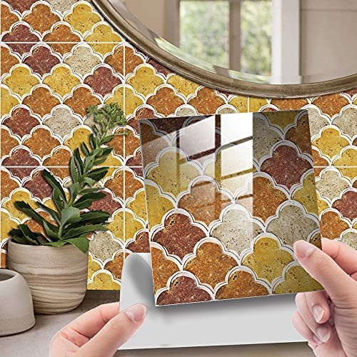 Hiseng 25 Stück Küchenrückwand Fliesenaufkleber, Hiser Scales Mosaik Stil Wasserdicht Ölfest Stickerfliesen Marmor Deko Selbstklebende für Badezimmer Wohnzimmer Dekoration (Kaffee gelb,15x15cm)