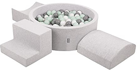 KiddyMoon Spielplatz Aus Schaumstoff Mit Rund Bällebad (300 Bälle) Ballgruben Für Babys Spielbad Hindernisläufen, Hergestellt In Der EU, Hellgrau:Weiß/Grau/Minze