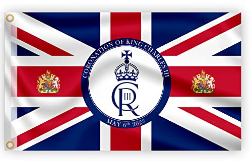 Bandera de Reino Unido de 5 x 3 pies, nuevo rey Carlos III, cifrado monarca británico, coronación, celebración, bandera de Gran Bretaña, jardín, calle, pub, decoración al aire libre