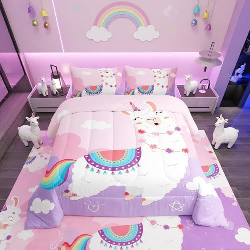 Set di biancheria da letto carino lama cartone animato lama alpaca piumino inserto/trapunta per bambini ragazzi ragazze bambino kawaii pecora piumino set di piumone animale 135x200cm