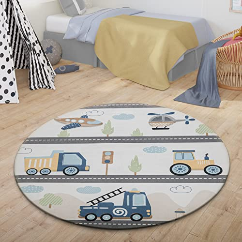 TT Home Teppich Kinder Kinderzimmer Kinderteppich Babymatte Straße Auto Wolke Berg, Farbe: Grau Weiß Gelb, Größe:150 cm Rund