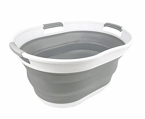 SAMMART 25L zusammenklappbarer Wäschekorb aus Kunststoff – Faltbarer Pop-Up-Aufbewahrungsbehälter/Organizer – tragbare Waschwanne – platzsparender Wäschekorb (Weiß/Grau)