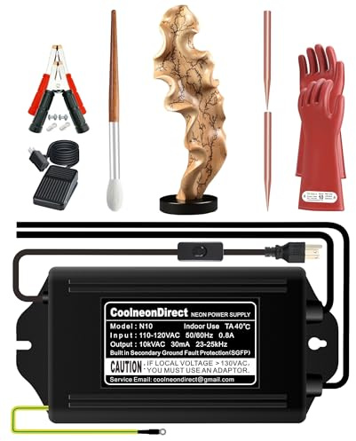 Coolneon Lichtenberg Kit de machine - Transformateur néon + tiges + pinces + brosse + gants + interrupteur à pied, ensemble de combustion à bois fractale, alimentation non LED haute tension 10 kV 30