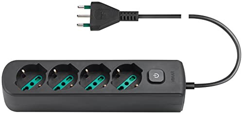 Vimar 0R00641.CC Presa multipla con interruttore e cavo da 1,5 m, 4 uscite SICURY universale standard italiano, spina 16 A standard italiano, nero