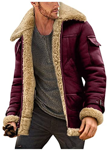 L9WEI Jacke Herren Übergangsjacke, Herren Lederjacke mit Tasche Reißverschluss Revers Jacke Faux-Fur' Winterjacken Verdicken Winter Kunstpelzkragen Schaffell Kaschmir Wintermantel