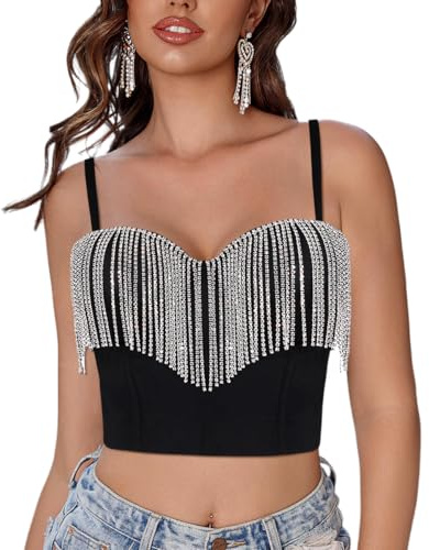 Naimo Damen Sexy Strass Quaste Bustier Push Up Crop Top Korsett BH Glitzer Diamant Tank Top Weste Party Clubwear