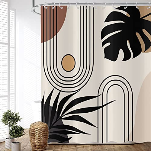 Duschvorhang Boho 180x180 cm, ASDCXZ Modern Abstrakt Kunst Boho Style Schwarz Blätter Sonne Linie Beige Braun Waschbar Duschvorhänge Textil Wasserdicht Duschvorhang für Badewanne mit 12 Haken